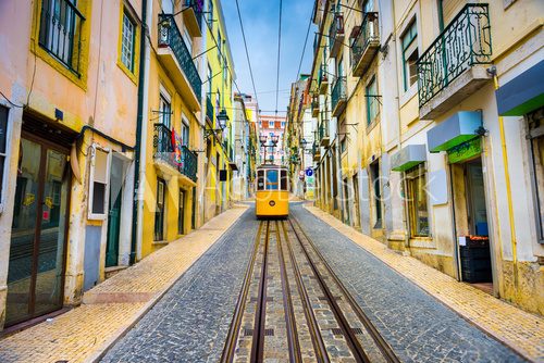Fototapeta Lisbon, Portugal Old Town Cityscape and Tram