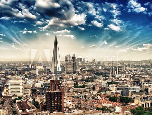 Fototapeta London. Panorami aerial view of city skyline at dusk