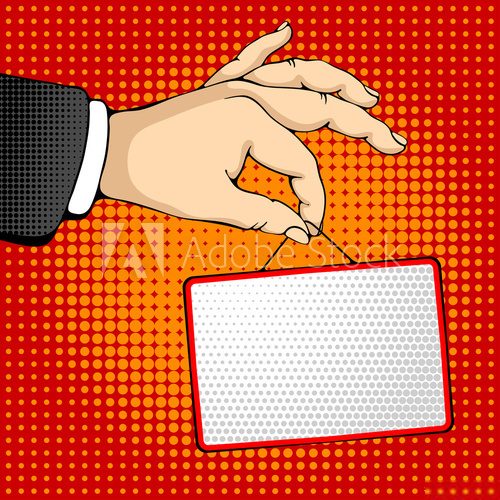 Fototapeta Male hand holding a rectangle sign. Pop art design concepts for web banners, web sites, printed materials. Vector illustration in retro style pop art.