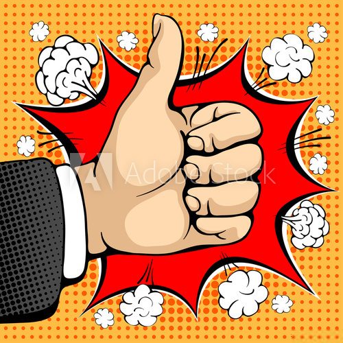 Fototapeta Male hand shows like sign. Like concept sign. I like that. Seal of approval. Pop art design concepts for web banners, web sites, printed materials. Vector illustration in retro style pop art.