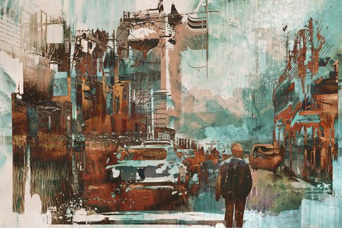 Fototapeta man walking in city street with abstract painting texture, illustration art