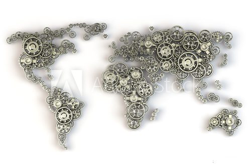 Fototapeta Map of the world from metallic gears. Global economy connections