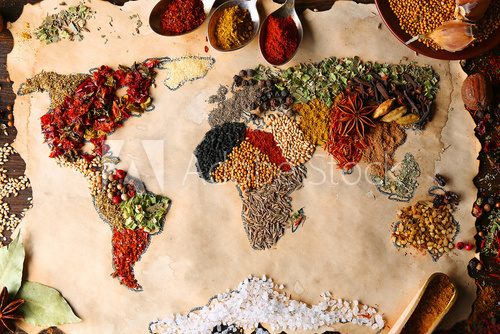 Fototapeta Map of world made from different kinds of spices, close-up