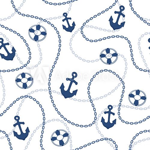 Fototapeta Marine seamless pattern. Anchors and chains background. Nautical cartoon background.