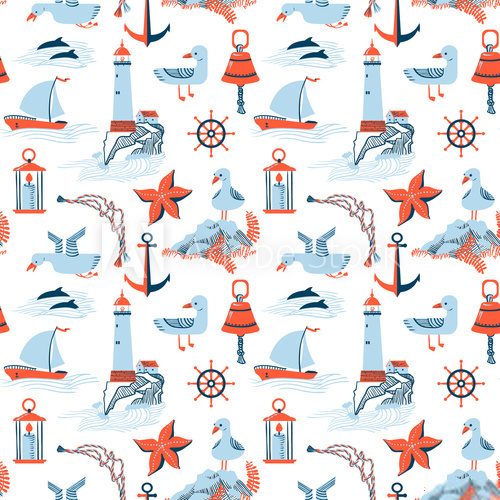 Fototapeta marine vector seamless background with lighthouse and seagulls
