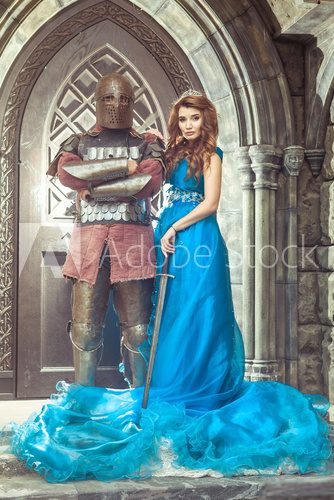 Fototapeta Medieval knight with his beloved lady.