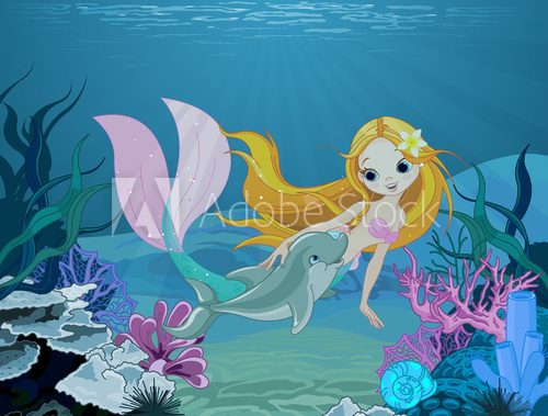 Fototapeta Mermaid and dolphin background