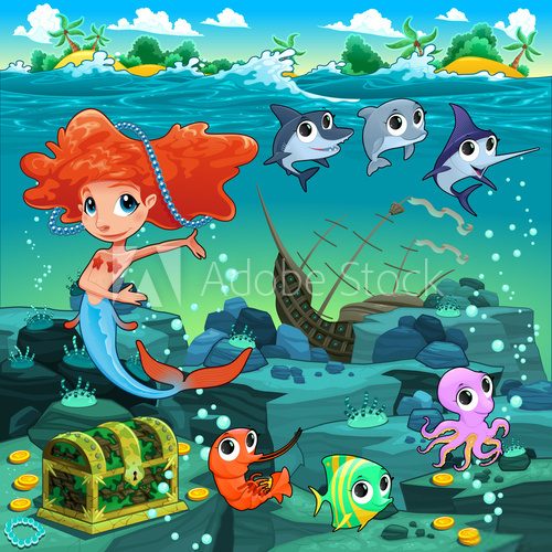 Fototapeta Mermaid with funny animals on the sea floor