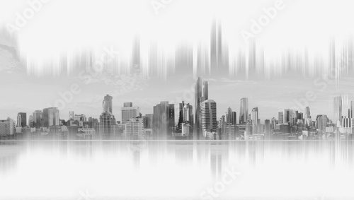 Fototapeta Modern buildings, abstract city network connection, black and white, on white background