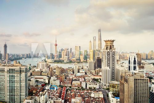 Fototapeta modern city skyline,traffic and cityscape in Shangha at day,Chin