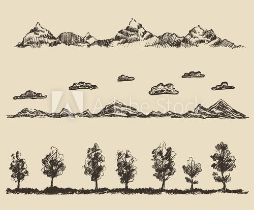 Fototapeta mountains contours clouds forest vector sketch