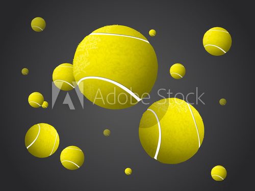 Fototapeta Moving Tennis Balls flying, falling isolated on dark background.