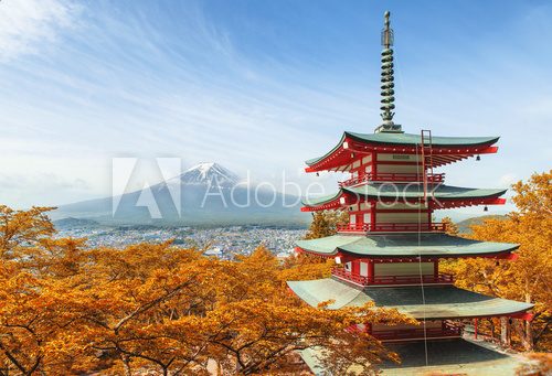 Fototapeta Mt. Fuji with red pagoda at autumn season in Japan