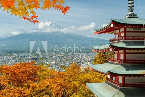 Fototapeta Mt. Fuji with red pagoda at autumn season in Japan