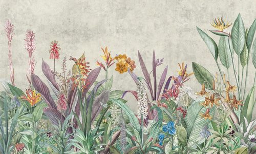 Fototapeta Mural Wallpaper. Tropical Flower Bushes Wallpaper Mural. Vintage Tropical Background
