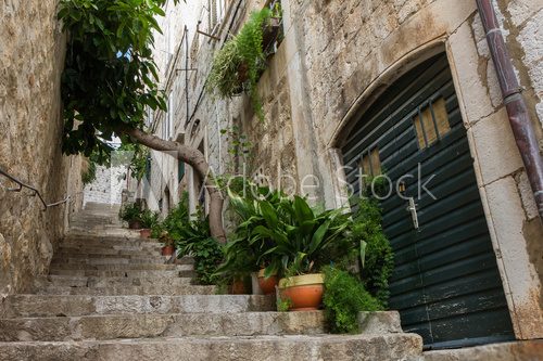 Fototapeta Narrow and empty alley, stairs and potted plants at the Old Town in Dubrovnik, Croatia, viewed from below.