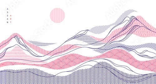 Fototapeta Nature art oriental Japanese style vector abstract background, runny like water shapes and lines with textures.
