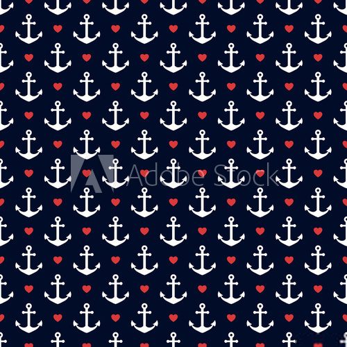 Fototapeta Nautical seamless pattern with anchors and hearts.