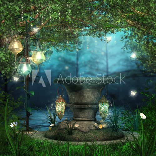 Fototapeta OÅtarz w lesie z magicznymi lampionami