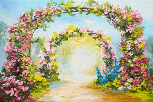 Fototapeta oil painting - floral arch in the summer park, colorful art picture, abstract drawing, flying doves