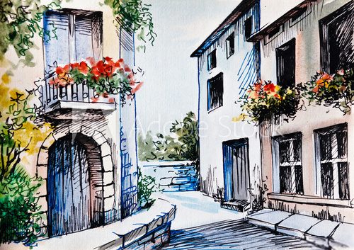 Fototapeta Oil Painting, watercolor  - flowers along the street