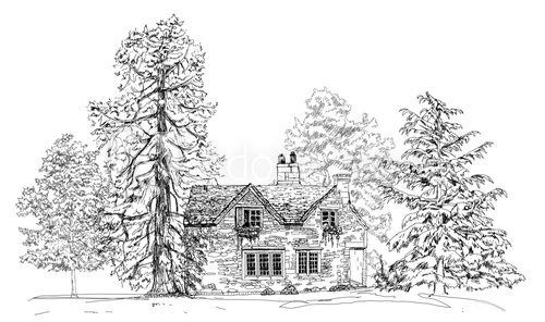 Fototapeta Old english stone cottage in the forest, sketch collection