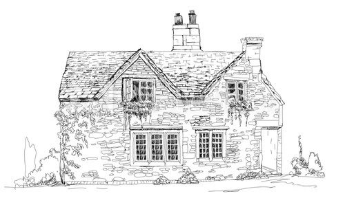 Fototapeta Old english stone cottage, sketch collection