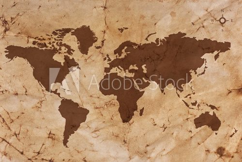 Fototapeta Old World map on creased and stained parchment paper