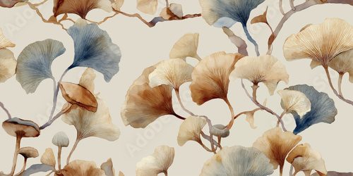 Fototapeta Organic repeating pattern of watercolor ginkgo leaves in soft beige, warm brown, and dusty blue for design, luxury packaging, and tranquil wallpapers or fabrics