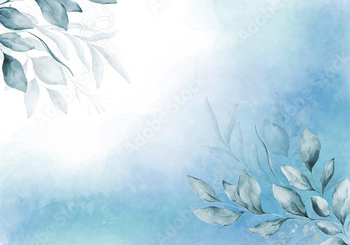 Fototapeta Pale blue leaves - botanical design banner. Floral pastel watercolor border frame.