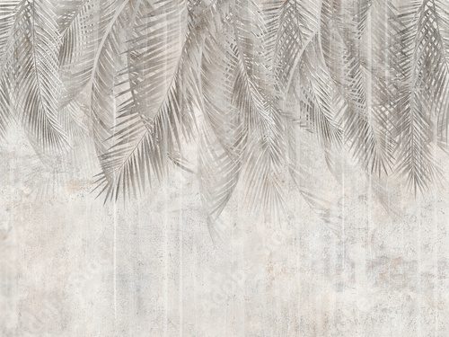 Fototapeta Palm leaves on the wall, tropical leaves. Illustration for wallpaper, card, poster, decoration. Mural.