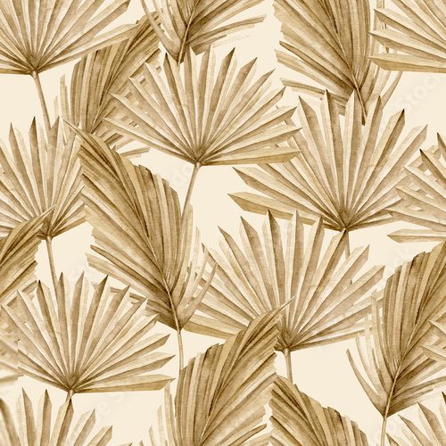Fototapeta Palm Leaves Pattern. Seamless background with dry tropical plants in Boho style. Hand drawn watercolor bohemian illustration on beige backdrop for wallpaper or textile design. Ornament for print.
