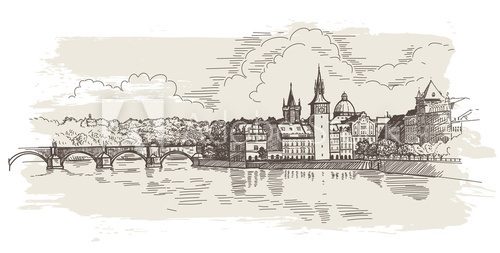 Fototapeta Panorama of Prague. View of Charles Bridge and the Vltava river.
