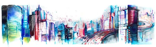 Fototapeta Panoramiczny szkic miasta w akwareli