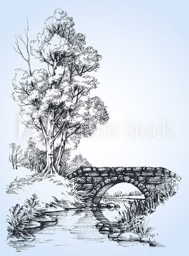 Fototapeta Park sketch, a stone bridge over river in the forest