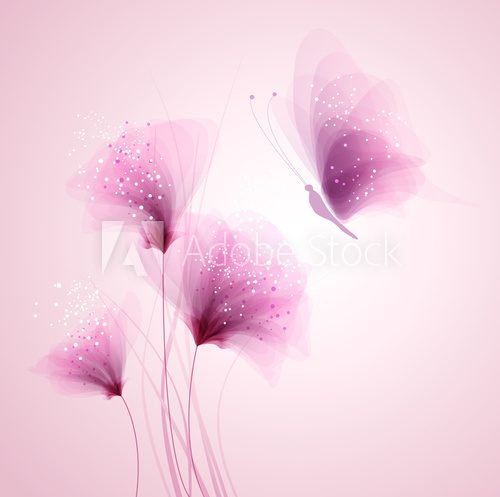 Fototapeta Pastel butterfly and delicate flowers