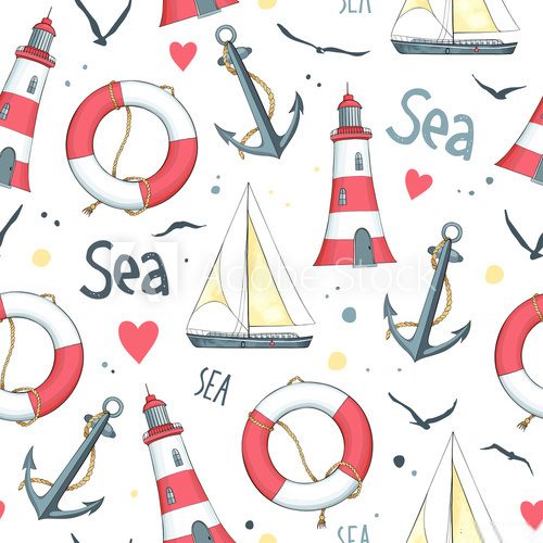Fototapeta Pattern sailboat, lifebuoy, anchor, lighthouse