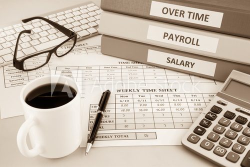 Fototapeta Payroll time sheet for human resources, sepia tone