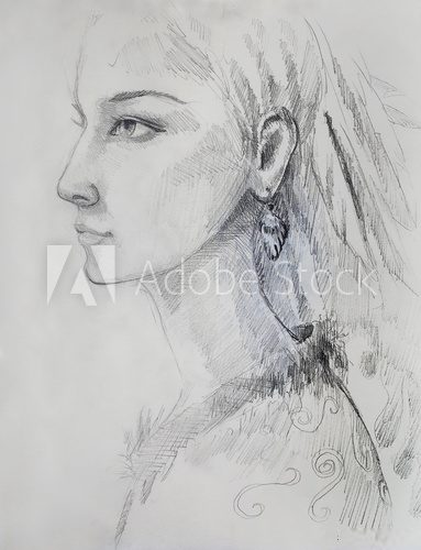 Fototapeta pencil drawing on paper, indian woman  and feathers in hair