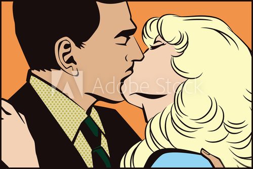 Fototapeta People in retro style pop art. Kissing couple