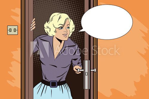 Fototapeta People in retro style pop. Girl peeks in the door.