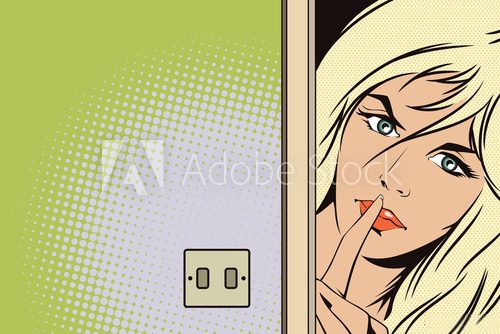 Fototapeta People in retro style. The girl calls for silence.