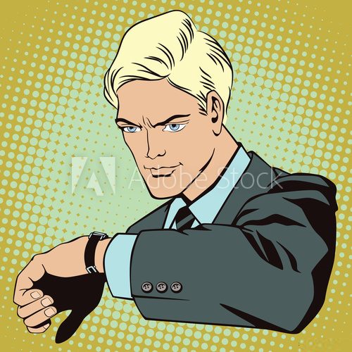 Fototapeta People in style pop art. A man looks at his watch.