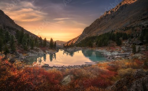Fototapeta Pink Sky And Mirror Like Lake On Sunset With Red Color Growth On Foreground, Altai Mountains Highland Nature Autumn Landscape Photo