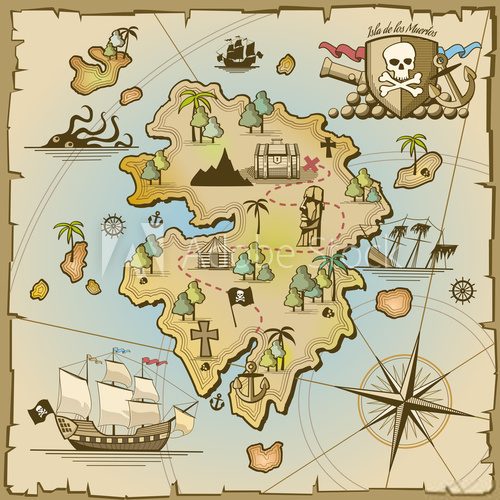 Fototapeta Pirate treasure island vector map