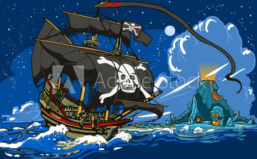 Fototapeta Pirate's Ship Sailing to the Skull Island