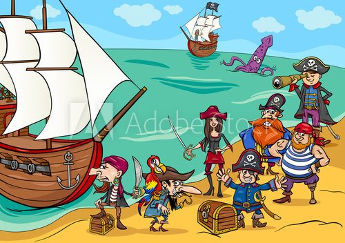 Fototapeta pirates with ship cartoon