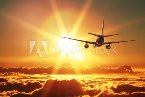 Fototapeta Plane is taking off at sunset