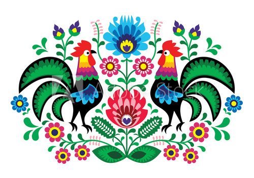 Fototapeta Polish floral embroidery with cocks - traditional folk pattern