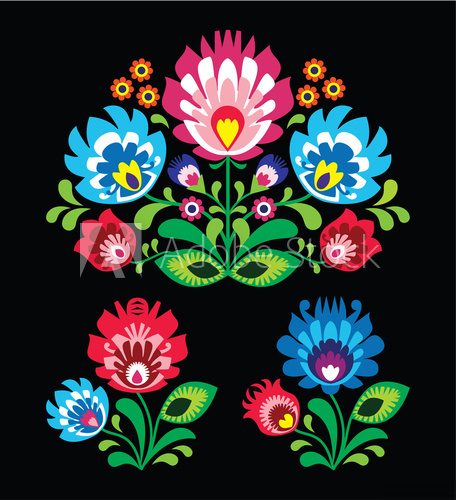 Fototapeta Polish floral folk embroidery pattern on black - wzor lowicki